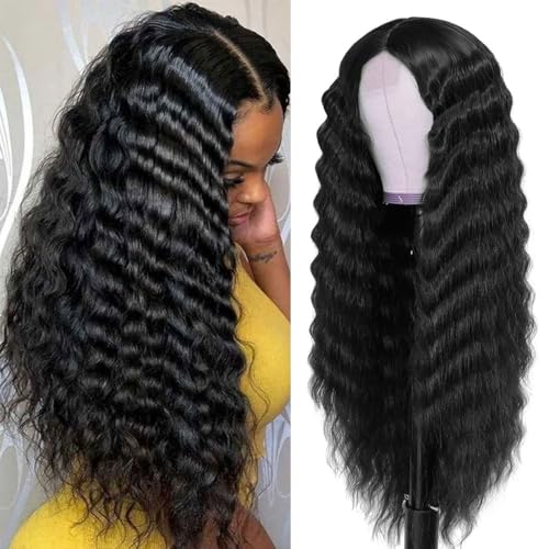 Clione 28 Inch Long Curly Synthetic Hair Wigs for Women Black Lace Front Wig Synthetic Curly Wigs Deep Wave Wig with 4" Simulated Scalp Natural Crimps Curls Hair Replacement Wigs for Daily Party Use 1B# - Image 1