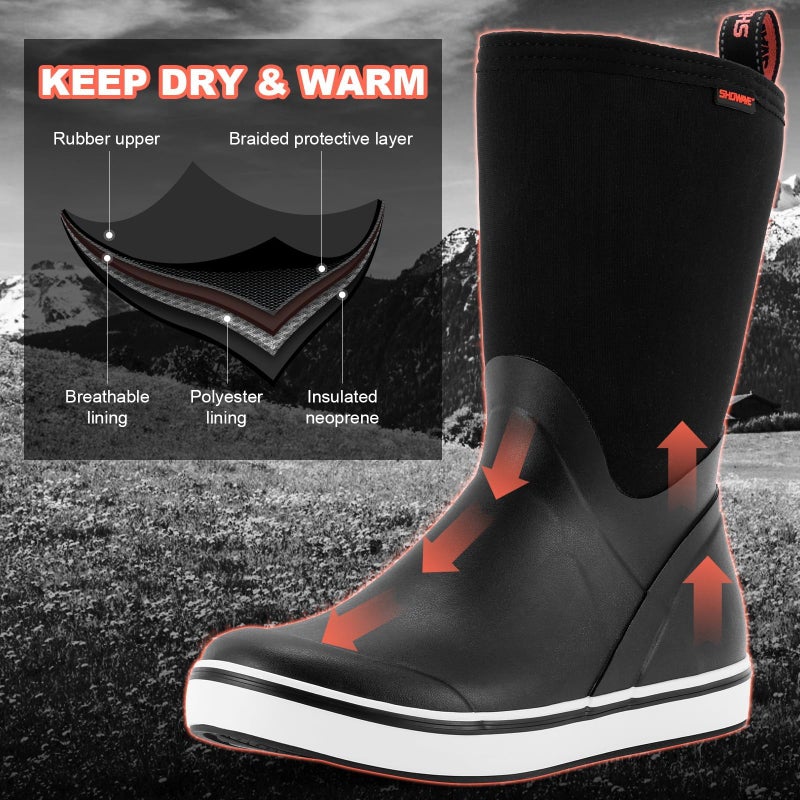 Showave Deck Boots for Men Rain Boots Mid Calf Insulated Rubber Boot for Men Waterproof Fishing Boot Outdoor Mud Booties for Sailing Gardening Working(Black,Size 9) - Image 5