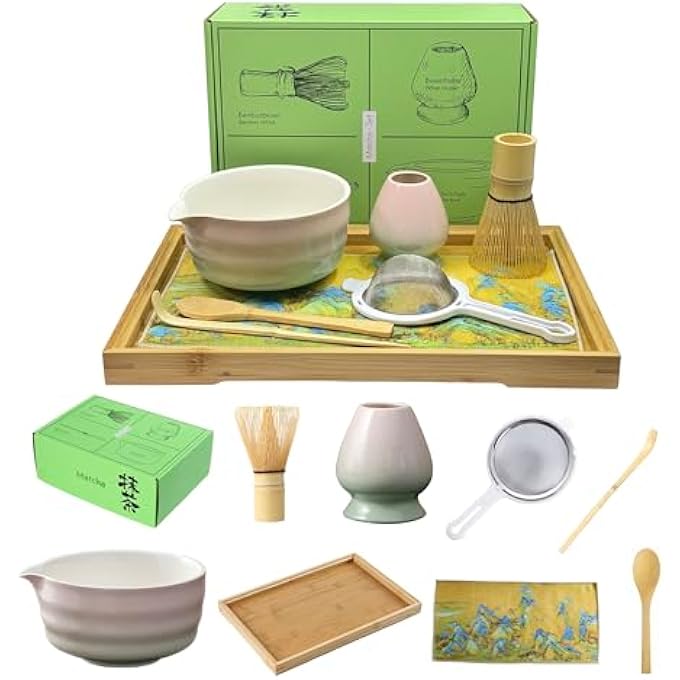 Aohellfe Matcha Stirrer Set 8 Piece Beautiful Matcha Set Includes Matcha Bowl Bamboo Matcha Stirrer 2 Teaspoons Bamboo Tray Stainless Steel Tea Sieve Tea Brewing Utensils Gradient Pink - Image 1
