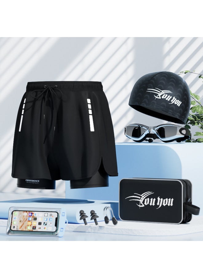 Mens Quick Dry Large Size Swimming Trunks Boxer Swimsuit Professional Hot Spring Swimwear Seven Piece Set Black - Image 1