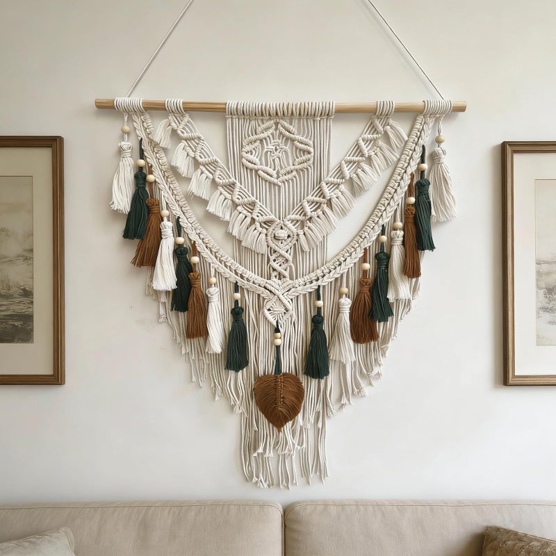 lokeisna Macrame Wall Hanging, Woven Tapestry Beige & Dusty Rose Handmade Craft Macrame Wall Decor, Gallery & Nursery, Size 37.4” Lx27.5” W Brown Green - Image 1