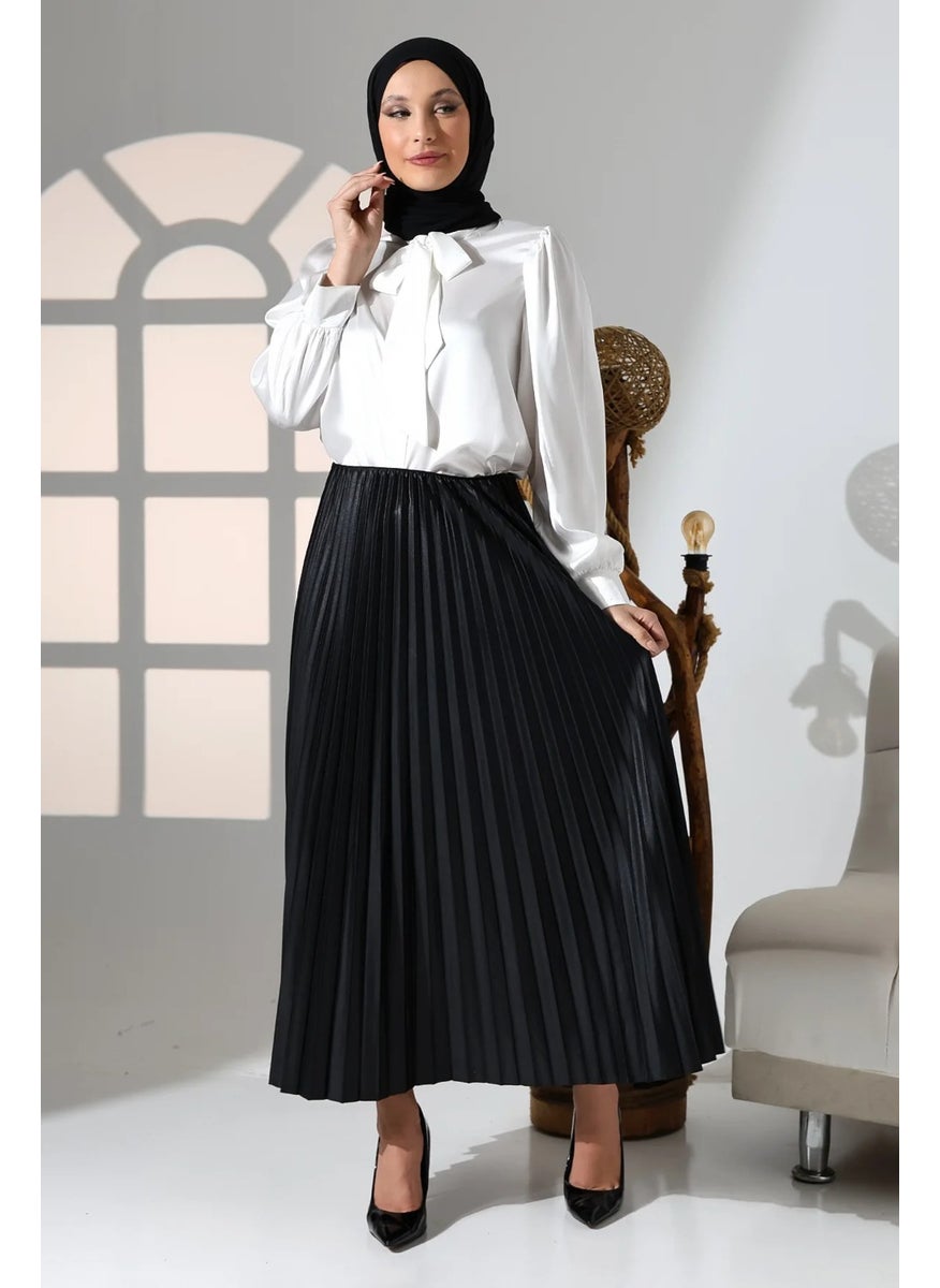 Giysa Women's Black Elastic Waist Pleated Satin Long Hijab Skirt - 2024-2  - Image 1