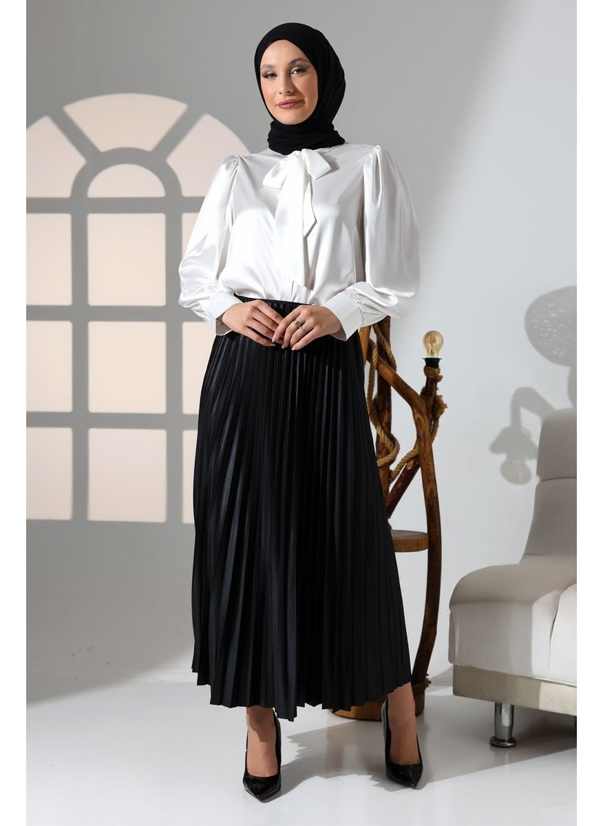 Giysa Women's Black Elastic Waist Pleated Satin Long Hijab Skirt - 2024-2  - Image 2