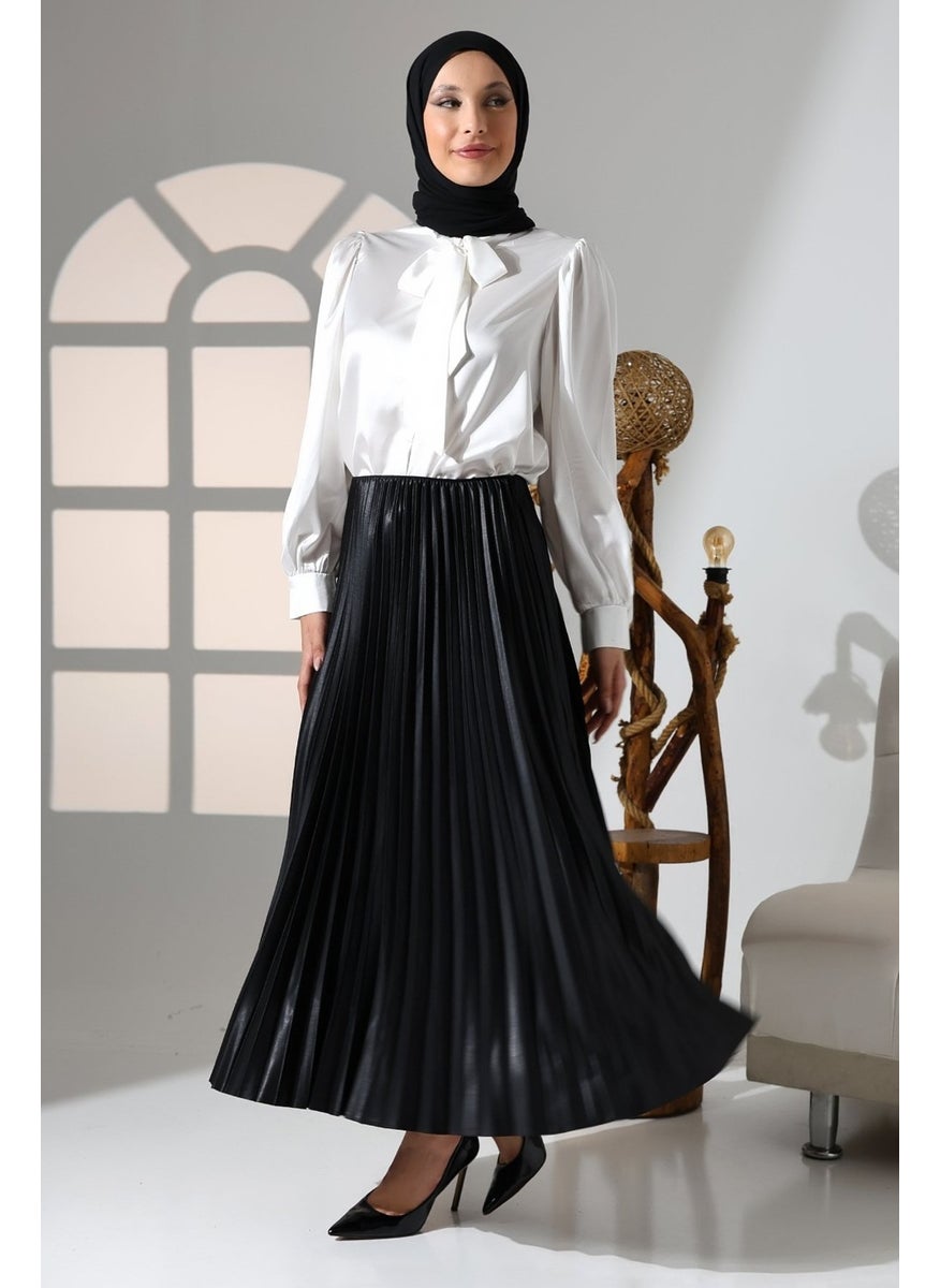 Giysa Women's Black Elastic Waist Pleated Satin Long Hijab Skirt - 2024-2  - Image 3