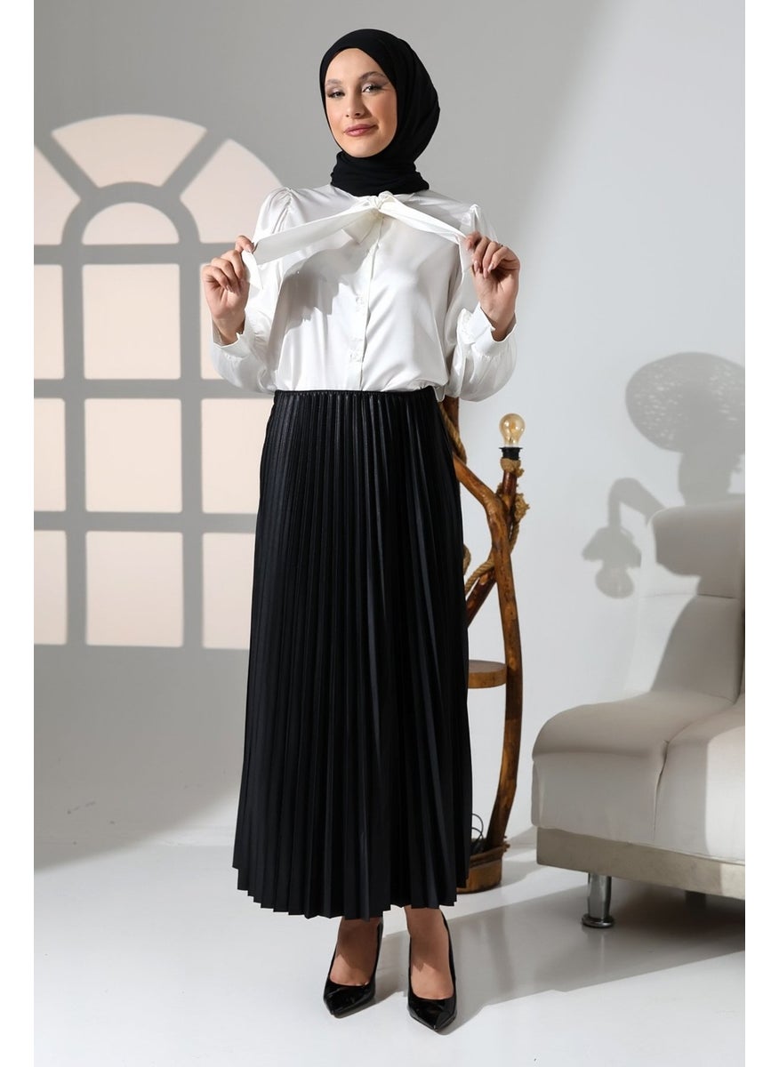 Giysa Women's Black Elastic Waist Pleated Satin Long Hijab Skirt - 2024-2  - Image 4