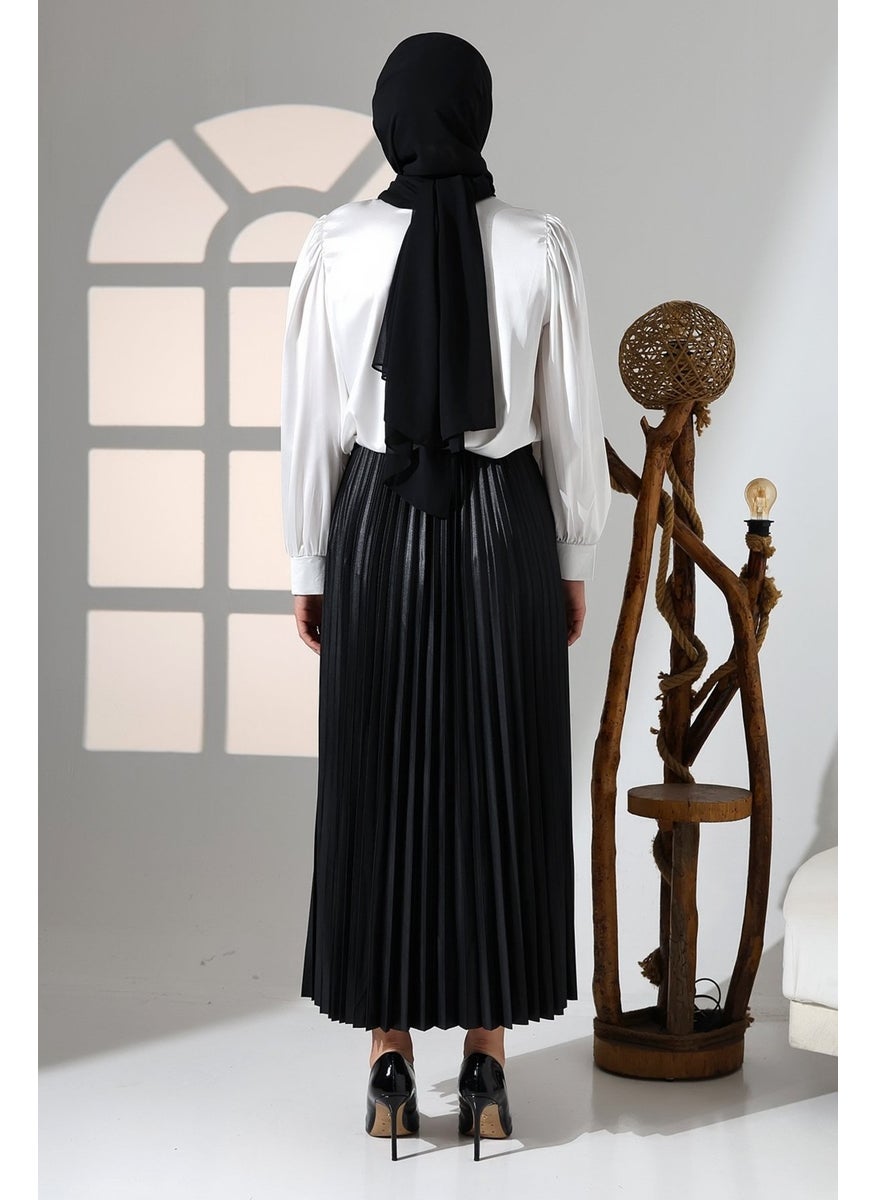 Giysa Women's Black Elastic Waist Pleated Satin Long Hijab Skirt - 2024-2  - Image 5