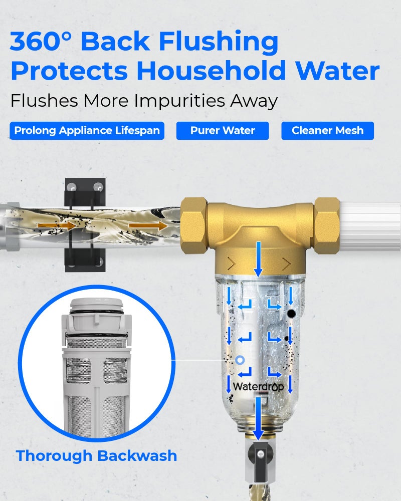 Waterdrop فلتر ترسيب الماء من ووتر دروب، نظام فلترة مياه كامل للمنزل مع خاصية الغسيل العكسي لمياه الآبار، 40-50 ميكرون، 1" MNPT + 3/4" FNPT + 3/4" MNPT، يحبس الرمل، خالي من BPA، WD-RPFK - Image 2