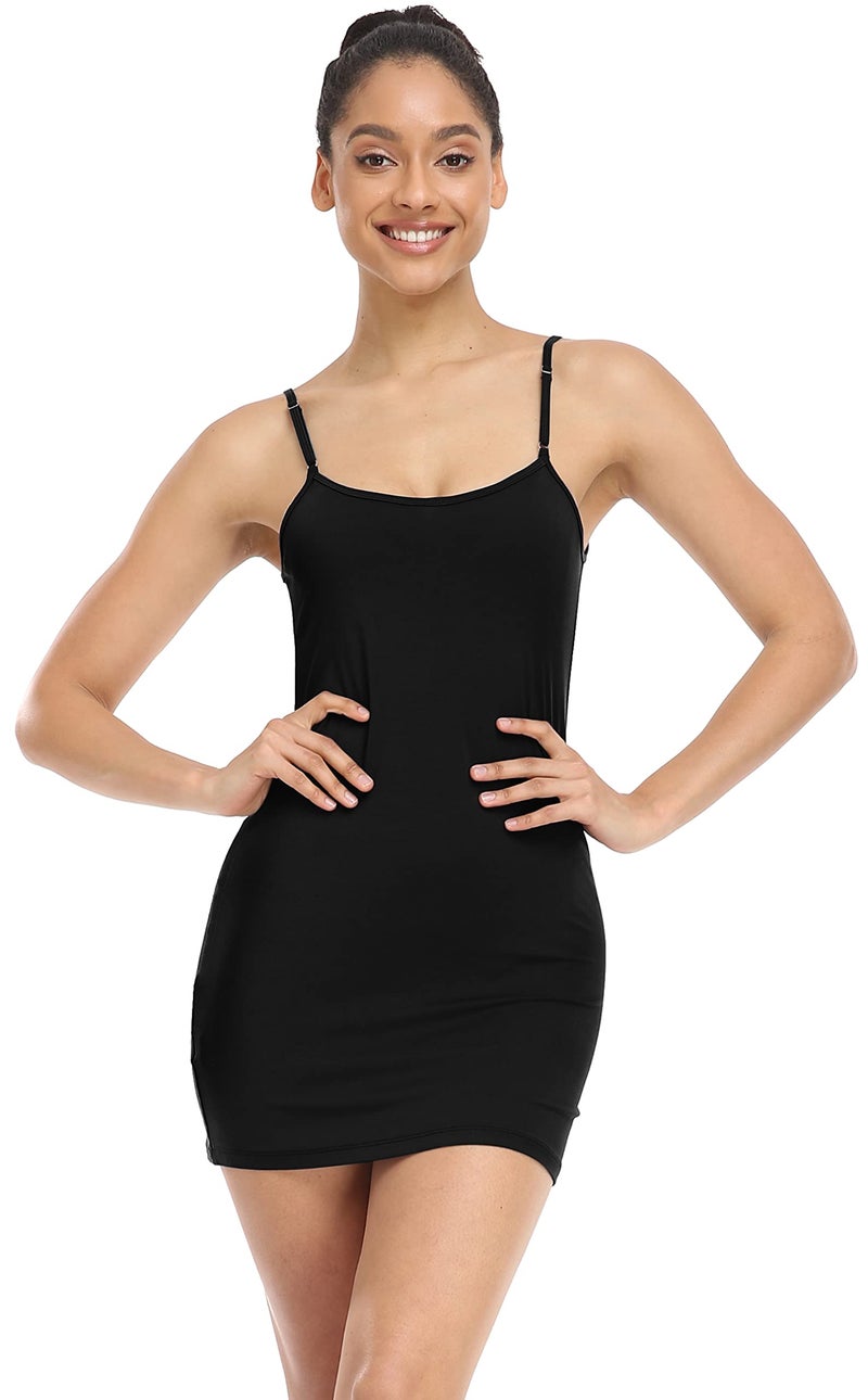 Qaffier Women's Basic Adjustable Spaghetti Strap Cami Slip Mini Dress Black Small - Image 2