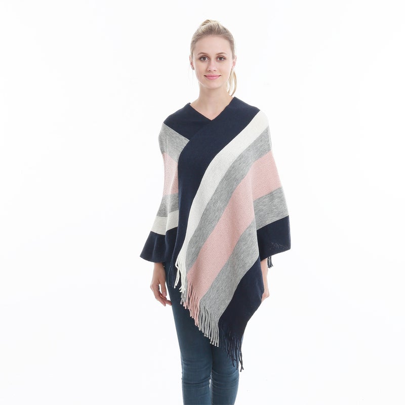 New Hot Spring and Autumn Pullover Cloak Shawl Tassel Warm Knitted Large Size Loose Blouse Cloak Top Spot Pink 