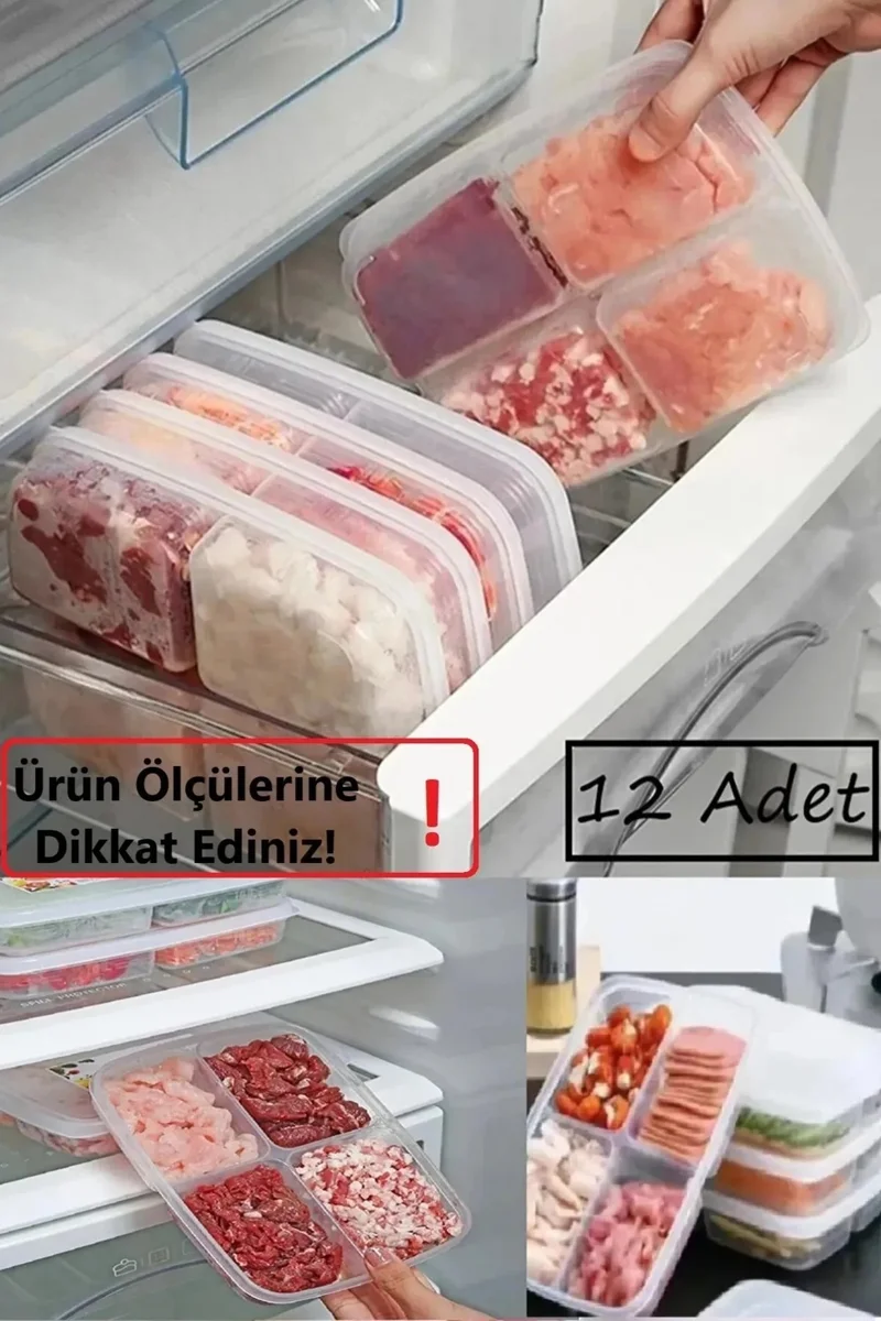Safestore 12 Pieces Frozen Mini 4 Compartment Meal Bowl Meat and Vegetable Storage Container - Minced Meat Chicken Freezer Organizer