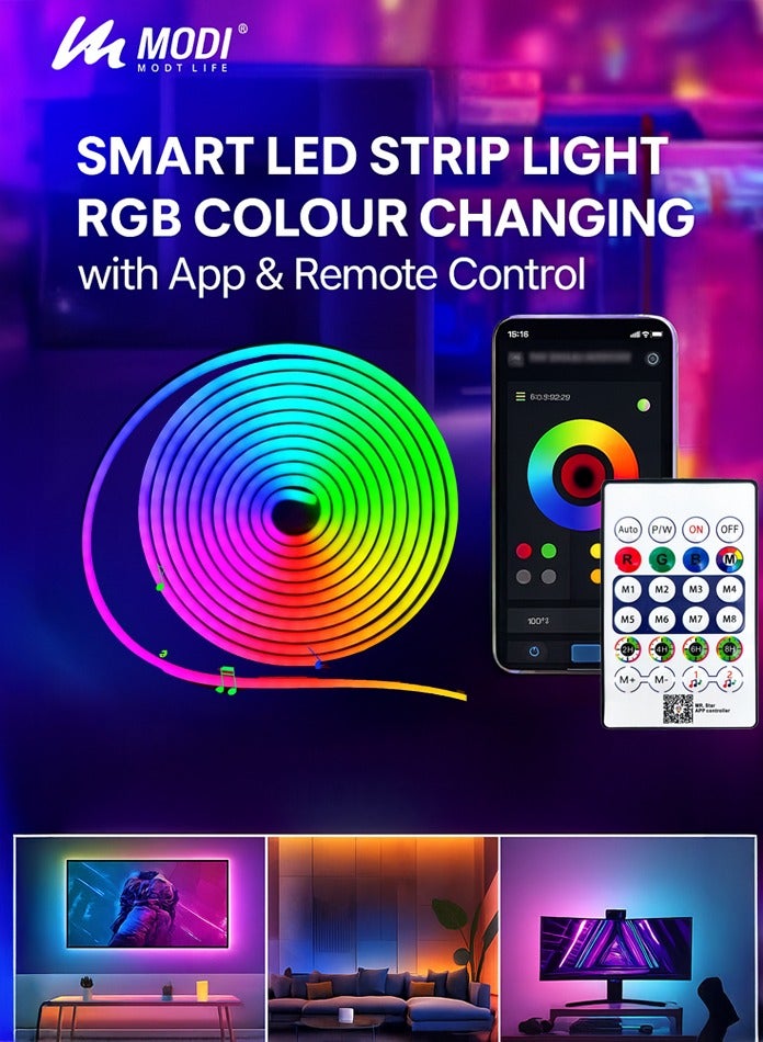 مودي شريط إضاءة نيون RGB LED | حبل نيون مرن بطول 5 أمتار | مزامنة مع الموسيقى | تحكم عن بُعد وتطبيق | أشكال DIY | يعمل عبر USB  - Image 1