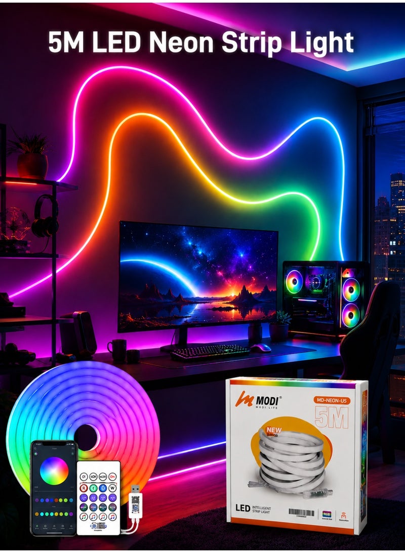 مودي شريط إضاءة نيون LED RGB بطول 5 أمتار، يعمل بمنفذ USB، مزود بجهاز تحكم عن بعد وتطبيق، ومزامنة مع الموسيقى، وإضاءة مزاجية بأشكال متنوعة، مثالي لغرفة النوم، وغرفة الألعاب، والتلفزيون، وديكور الحفلات. - Image 1