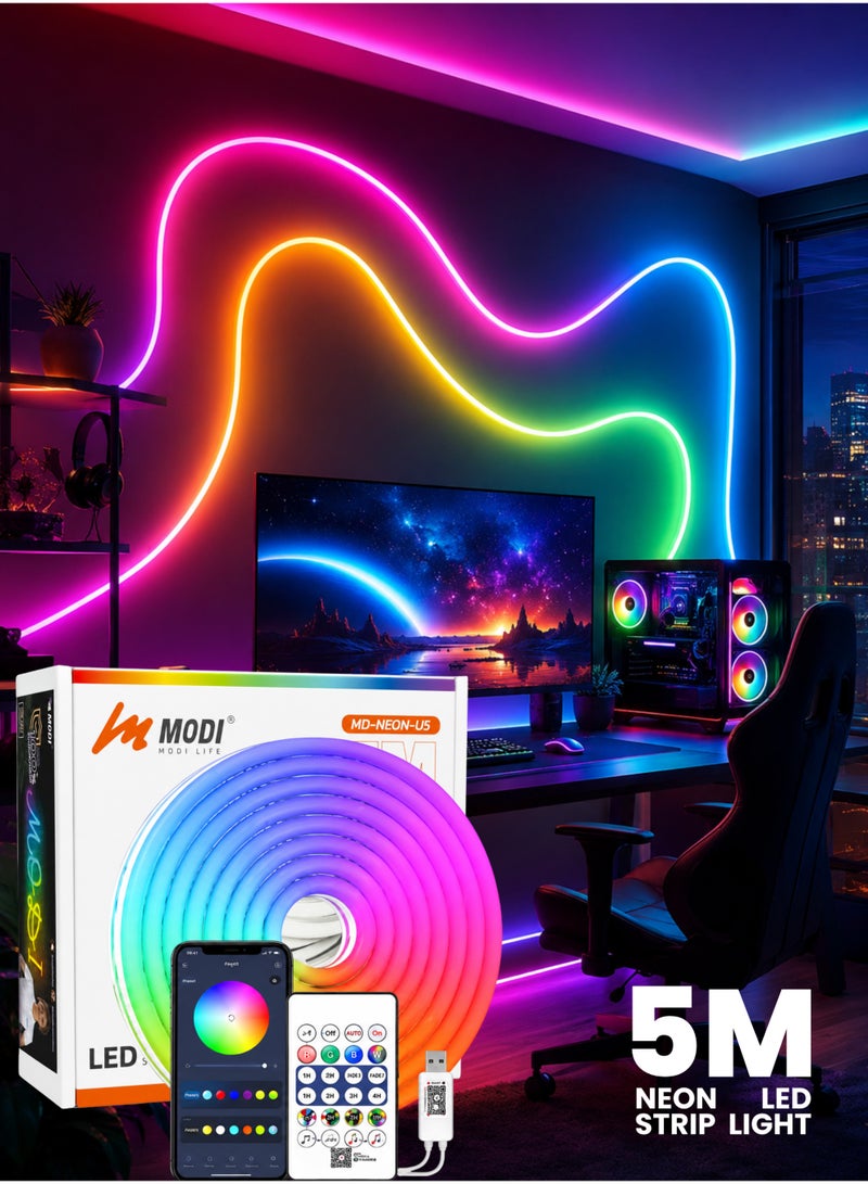 مودي شريط إضاءة نيون LED RGB بطول 5 أمتار، يعمل بمنفذ USB، شريط إضاءة مرن مع جهاز تحكم عن بعد وتطبيق، مزامنة مع الموسيقى، إضاءة مزاجية بأشكال متنوعة يمكنك صنعها بنفسك لغرفة النوم، غرفة الألعاب، التلفزيون، وديكور الحفلات - Image 1