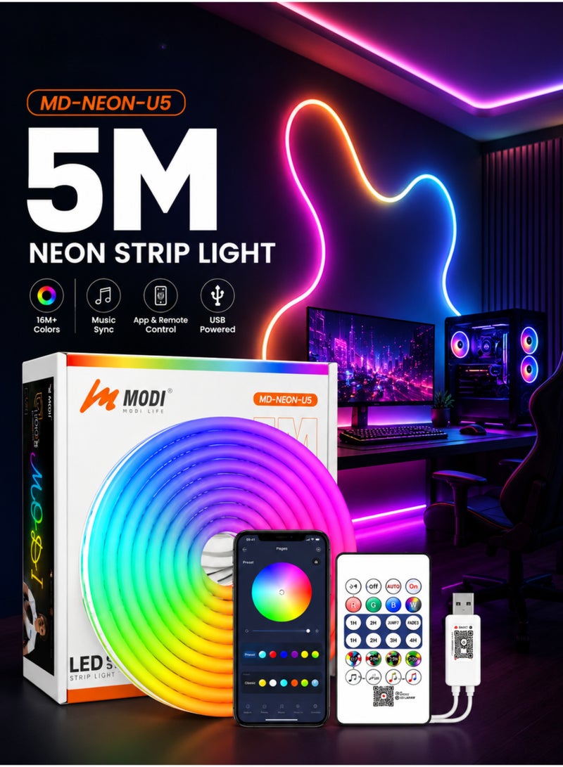 MODI 5 Meter RGB LED Neon Strip Light, USB Powered Flexible Rope Light With Remote & App Control, Music Sync, DIY Shape Mood Light For Bedroom, Gaming Room, TV & Party Decor - Image 1