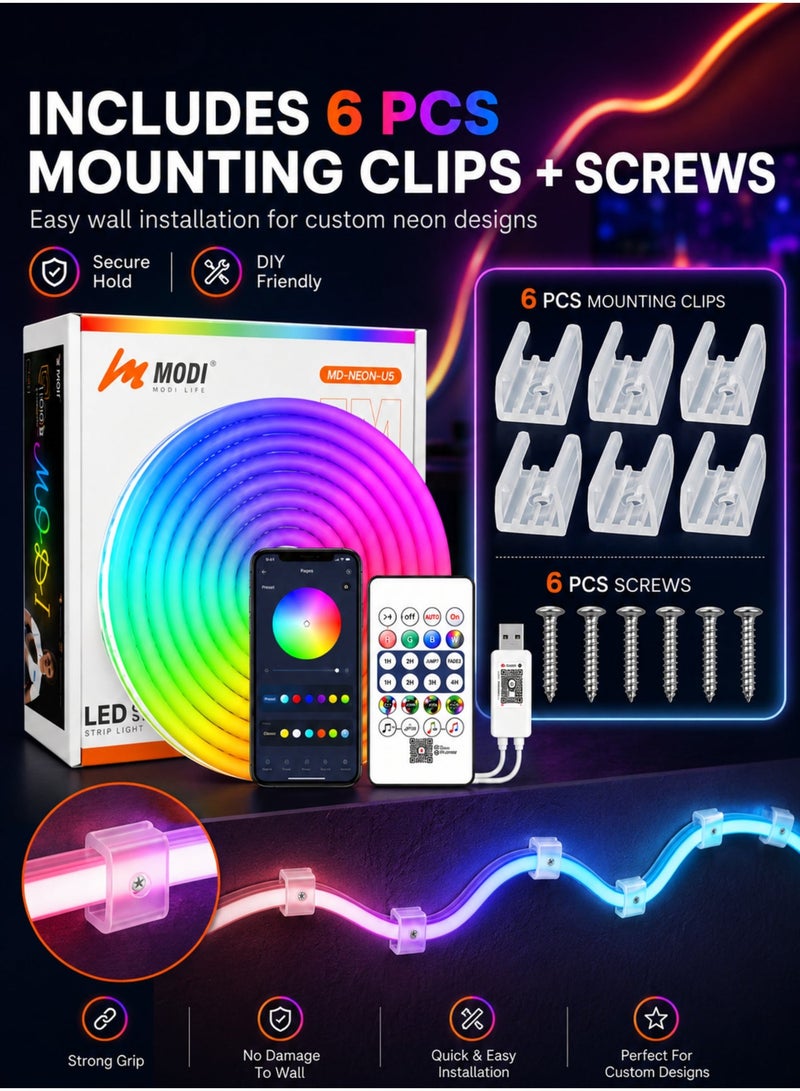 MODI 5 Meter RGB LED Neon Strip Light, USB Powered Flexible Rope Light With Remote & App Control, Music Sync, DIY Shape Mood Light For Bedroom, Gaming Room, TV & Party Decor - Image 5