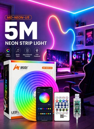 5 Meters RGB LED Neon Strip Light, 5 Lighting Modes, USB Powered Flexible Rope Light With Remote & App Control, Music Sync, DIY Shape Neon Lighting For Bedroom Gaming Room TV Party Decor - view 2