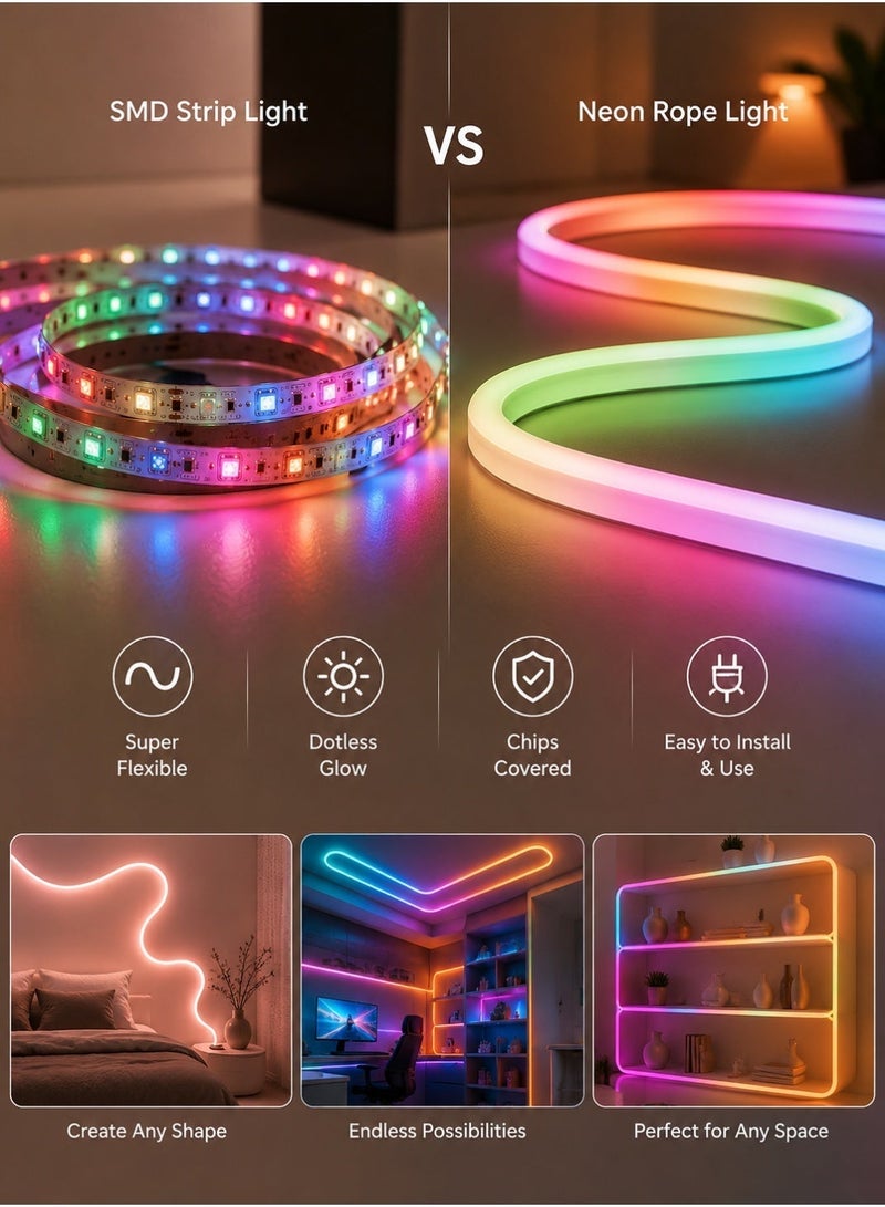 MODI 5 Meters RGB LED Neon Strip Light, 5 Lighting Modes, USB Powered Flexible Rope Light With Remote & App Control, Music Sync, DIY Shape Neon Lighting For Bedroom Gaming Room TV Party Decor - Image 5