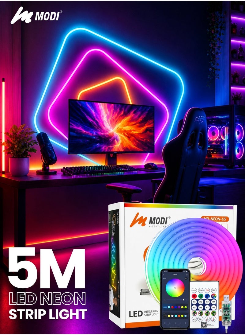 MODI 5 Meters RGB LED Neon Strip Light, 5 Lighting Modes, USB Powered Flexible Rope Light With Remote & App Control, Music Sync, DIY Shape Neon Lighting For Bedroom Gaming Room TV Party Decor - Image 1
