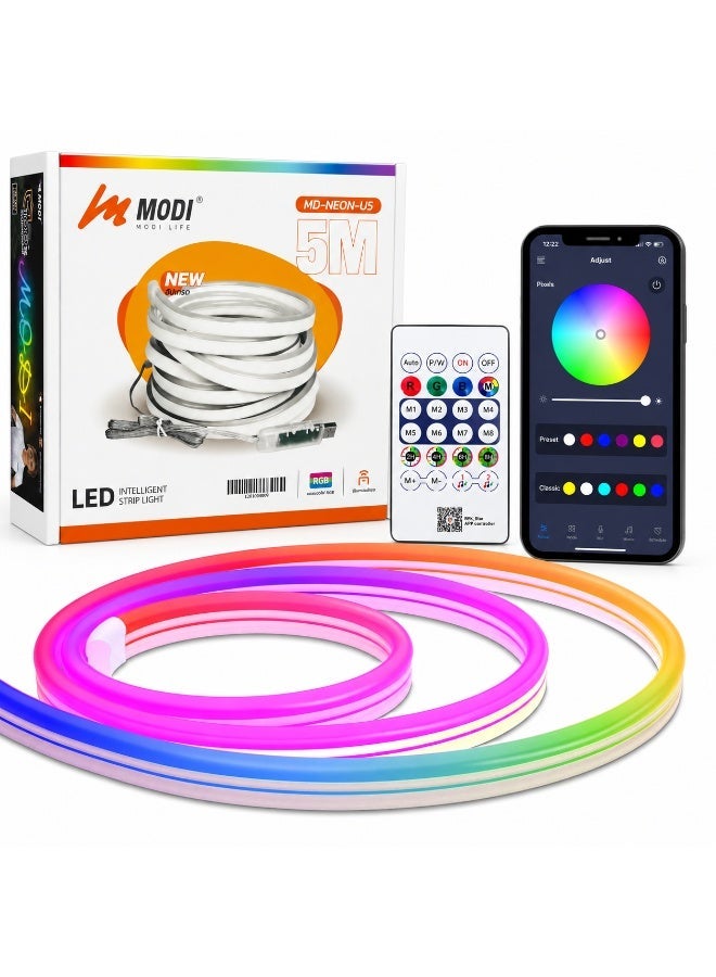 MODI 5M RGB LED Neon Strip Light, USB Powered Flexible Neon Rope With App & Remote Control, Music Sync, 5 Lighting Modes, DIY Bedroom Gaming Room & TV Backlight - Image 2