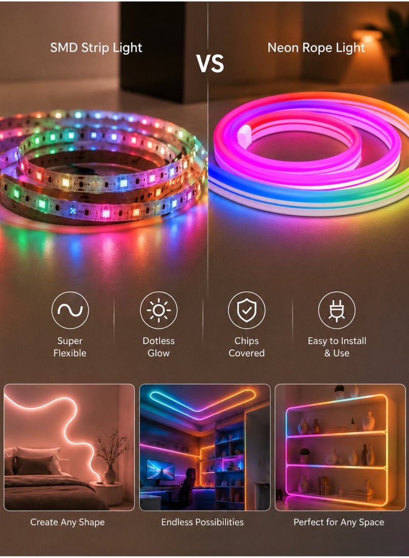 MODI 5M RGB LED Neon Strip Light, USB Powered Flexible Neon Rope With App & Remote Control, Music Sync, 5 Lighting Modes, DIY Bedroom Gaming Room & TV Backlight - Image 3