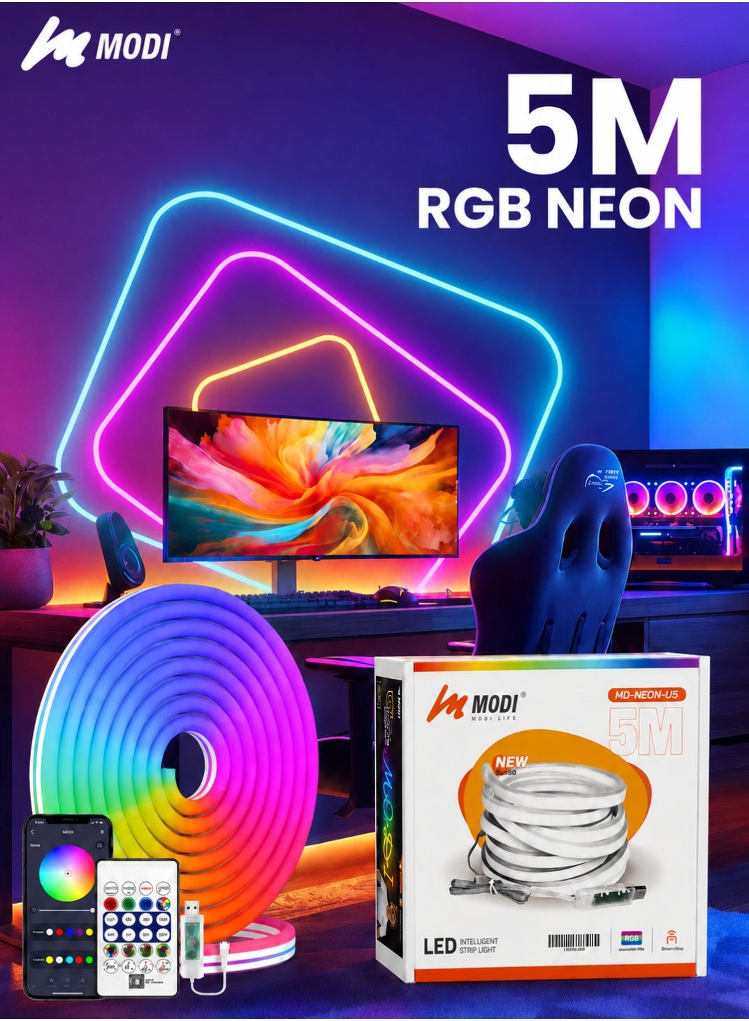 5 Meter Neon LED Strip Light , RGB Light Strip, Music Sync, App & Remote Control, Smart Home LED Lights, Flexible Neon Rope For Diy Home Decor, Gaming Room, Bedroom, Tv Backlight, Ramadan Decor