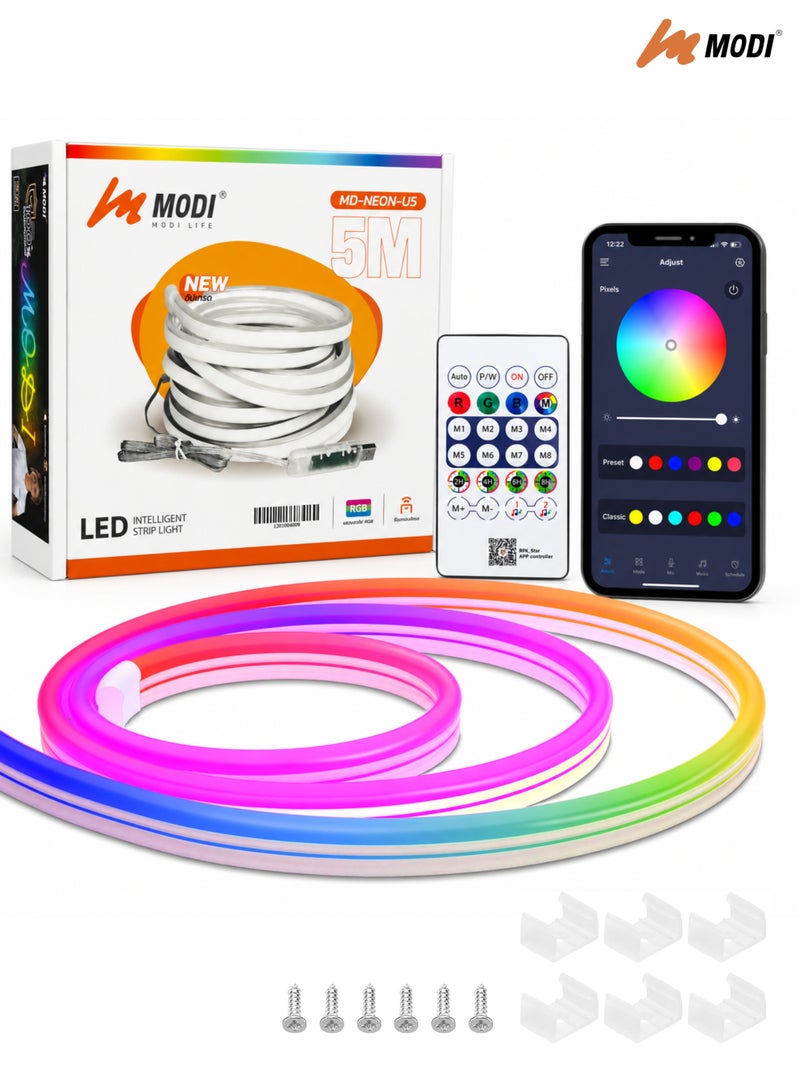 MODI 5M RGB LED Neon Strip Light, USB Powered Flexible Neon Rope With App & Remote Control, Music Sync, 5 Lighting Modes, DIY Bedroom Gaming Room & TV Backlight - Image 2