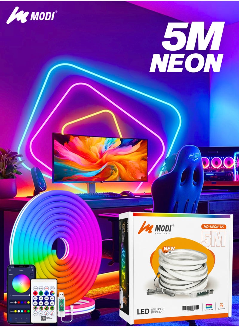 MODI 5M RGB LED Neon Strip Light, USB Powered Flexible Neon Rope With App & Remote Control, Music Sync, 5 Lighting Modes, DIY Bedroom Gaming Room & TV Backlight - Image 1