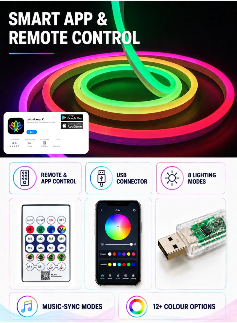 مودي حبل إضاءة نيون LED RGB بطول 5 أمتار، منفذ USB 5 فولت، تحكم عبر تطبيق وجهاز تحكم عن بعد، مزامنة الموسيقى، مناسب لغرف النوم وغرف الألعاب، مقاوم للماء والغبار IP20 للاستخدام الداخلي - Image 3