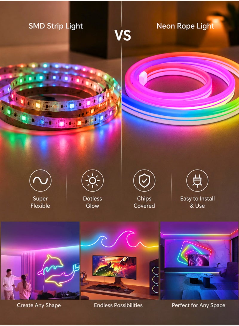MODI 5m RGB LED Neon Rope Light, USB 5V, App & Remote Control, Music Sync, Bedroom & Gaming Room, Indoor IP20 - Image 5
