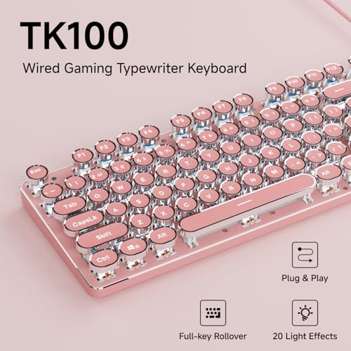 SEUNKWANG Typewriter Style Mechanical Gaming Keyboard with White Backlit Wired Retro Punk Computer Keyboard Durable Metal Panel Clicky Blue Switch Round Keycaps FullSize for PCDesktopWin Pink - Image 3