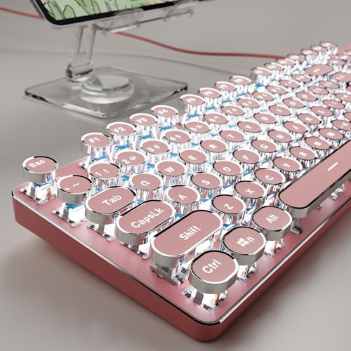 SEUNKWANG Typewriter Style Mechanical Gaming Keyboard with White Backlit Wired Retro Punk Computer Keyboard Durable Metal Panel Clicky Blue Switch Round Keycaps FullSize for PCDesktopWin Pink - Image 1