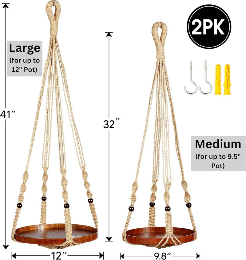 Shineloha 2 Pack Macrame Plant Hanger | Plant Hanger Indoor, Hanging Planter Shelf | Hanging Planter (Jute) (1 Large + 1 Medium) - Image 5