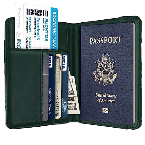 Coco Rossi Passport Holder Cover, RFID Travel Wallet Credit Card Holder Cute Green Floral Passport Book Holders for Women with Elastic Band and Golden Metal Decoration, Alpine Green - Image 3