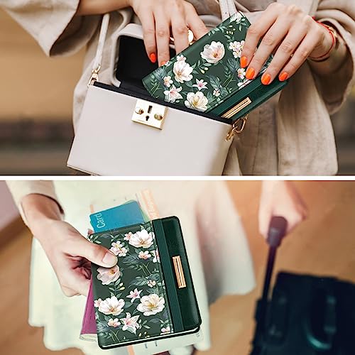 Coco Rossi Passport Holder Cover, RFID Travel Wallet Credit Card Holder Cute Green Floral Passport Book Holders for Women with Elastic Band and Golden Metal Decoration, Alpine Green - Image 4