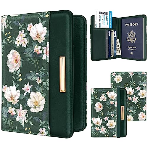Coco Rossi Passport Holder Cover, RFID Travel Wallet Credit Card Holder Cute Green Floral Passport Book Holders for Women with Elastic Band and Golden Metal Decoration, Alpine Green - Image 2