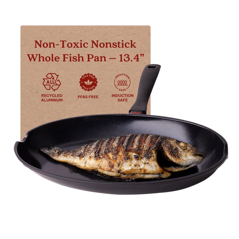 ALVA Alva Energy Ceramic Oval Whole Fish Pan 134 PFASPTFE Free Nonstick Skillet Pour Spouts Lightweight StayCool Handle EasyClean Frying Pan for Salmon Fish Works on InductionGasElectric 