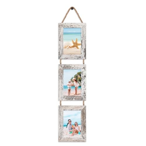 QUTREY 4x6 Picture Frames Collage, 3 Openings 4 x 6 Vertical Hanging Photo Frames Display 4 by 6 inch Pictures for Wall Decor, Distressed White - Image 1