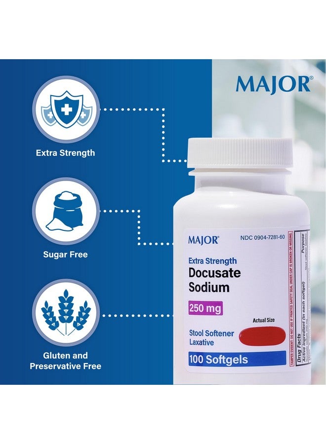 Major Pharmaceuticals MAJOR Docusate Sodium 250 mg - Extra Strength Stool Softener Laxative Softgels for Constipation Relief - Gentle Stool Softeners for Women, Men, and Kids Ages 12+ - 100 Softgels (2 Pack) - Image 3