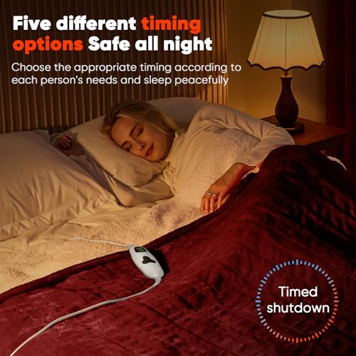 greenoak Heated Blanket Electric Full 72"X84", Heating Blanket with 10 Levels 1/2/4/6/8 Hours Auto-Off, Flannel Sherpa Soft Warm Heater Christmas Blanket,Red - Image 5