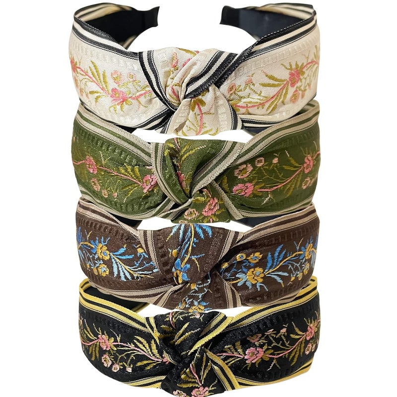 Jseng 4PC Handmade Vintage Braid Headband Embroidery Cloth Cross Knot Elastic Hair Hoop Sweet Wide Hairband for Women Girls