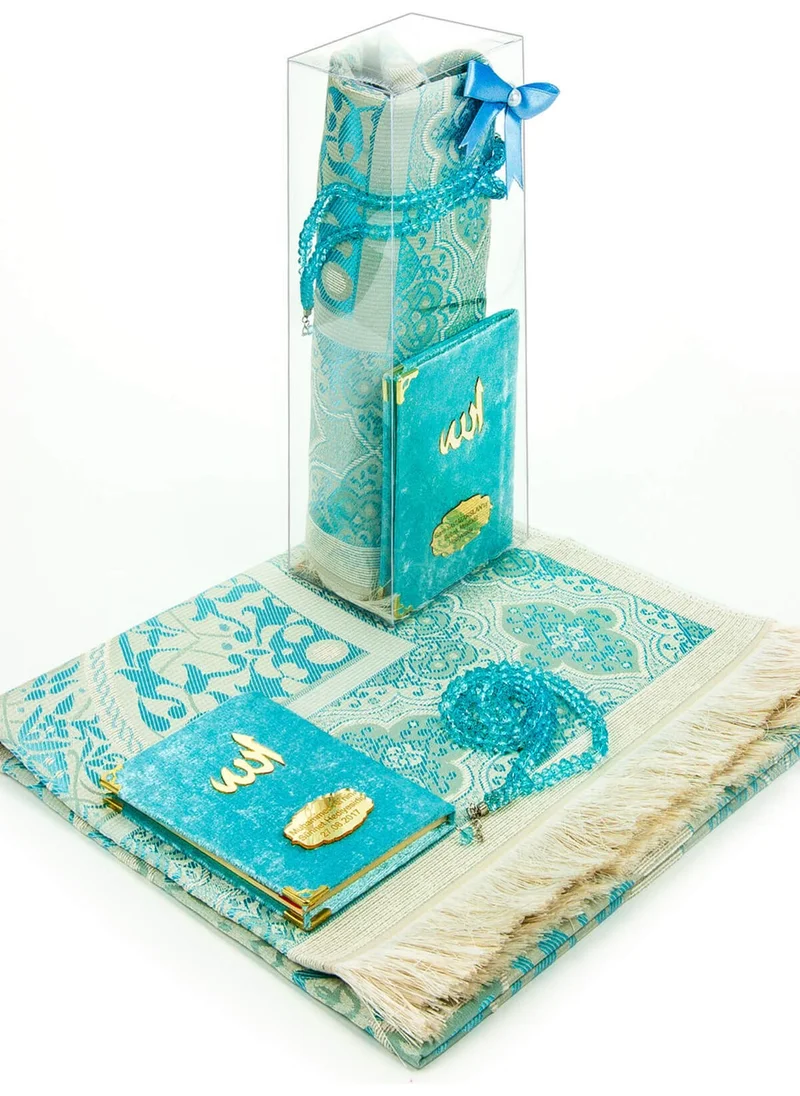 İhvan Online 10 Piece Gift Special Set - Velvet Covered Book of Yasin - Pocket Size - Personalized Plate - Prayer Mat - With Prayer Beads - Boxed - Blue