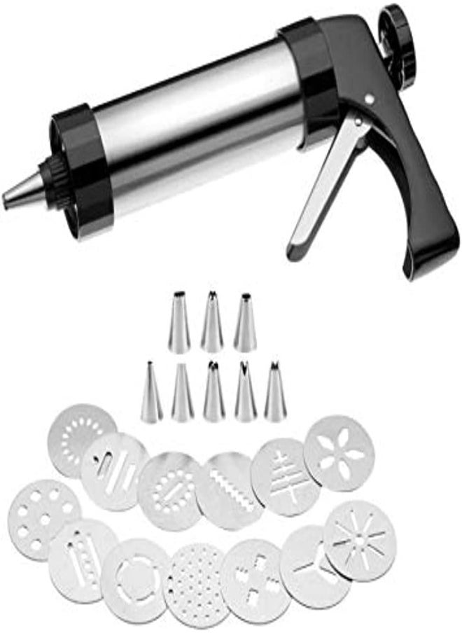 AKDC Cookie Press And Icing Set With Stainless Steel Disks Best Biscuit Maker Cookie Press Kit Includes 13 Cookie Disc Shapes 8 Icing Nozzles  - Image 1