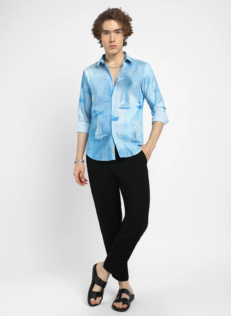 Campus Sutra Men's Sky Blue Water Boat Shirt