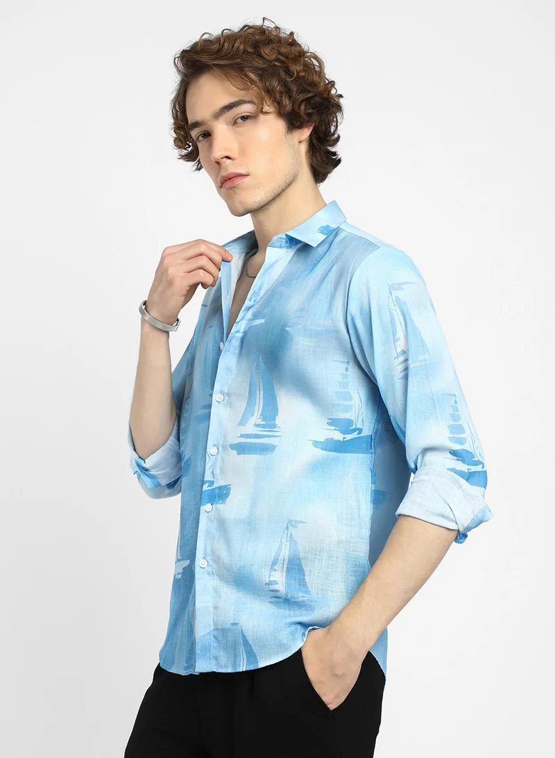 Campus Sutra Men's Sky Blue Water Boat Shirt
