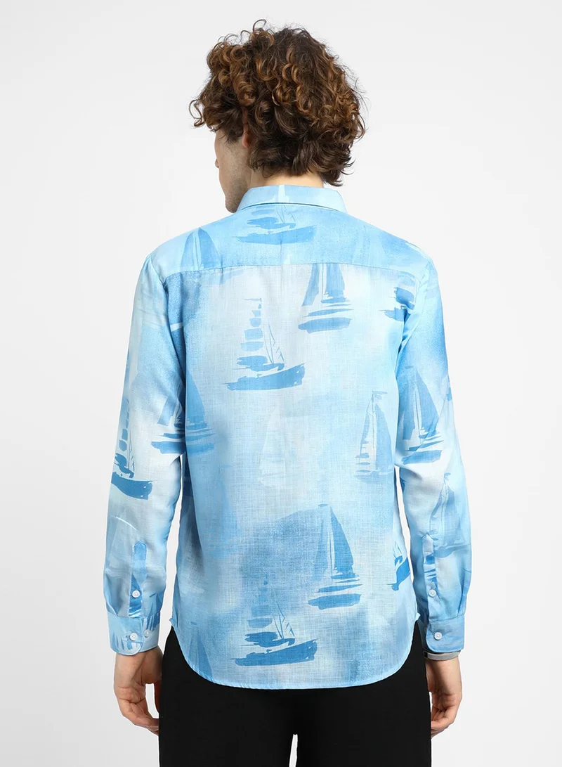 Campus Sutra Men's Sky Blue Water Boat Shirt