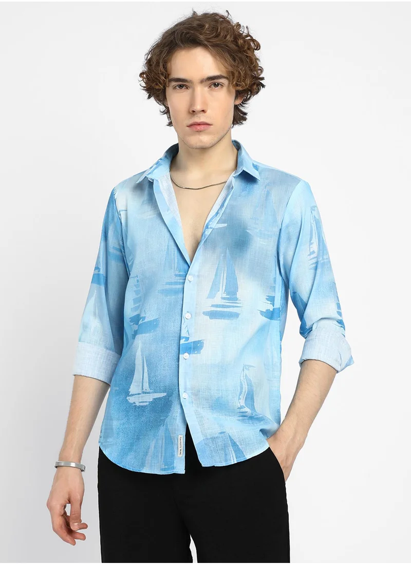 Campus Sutra Men's Sky Blue Water Boat Shirt