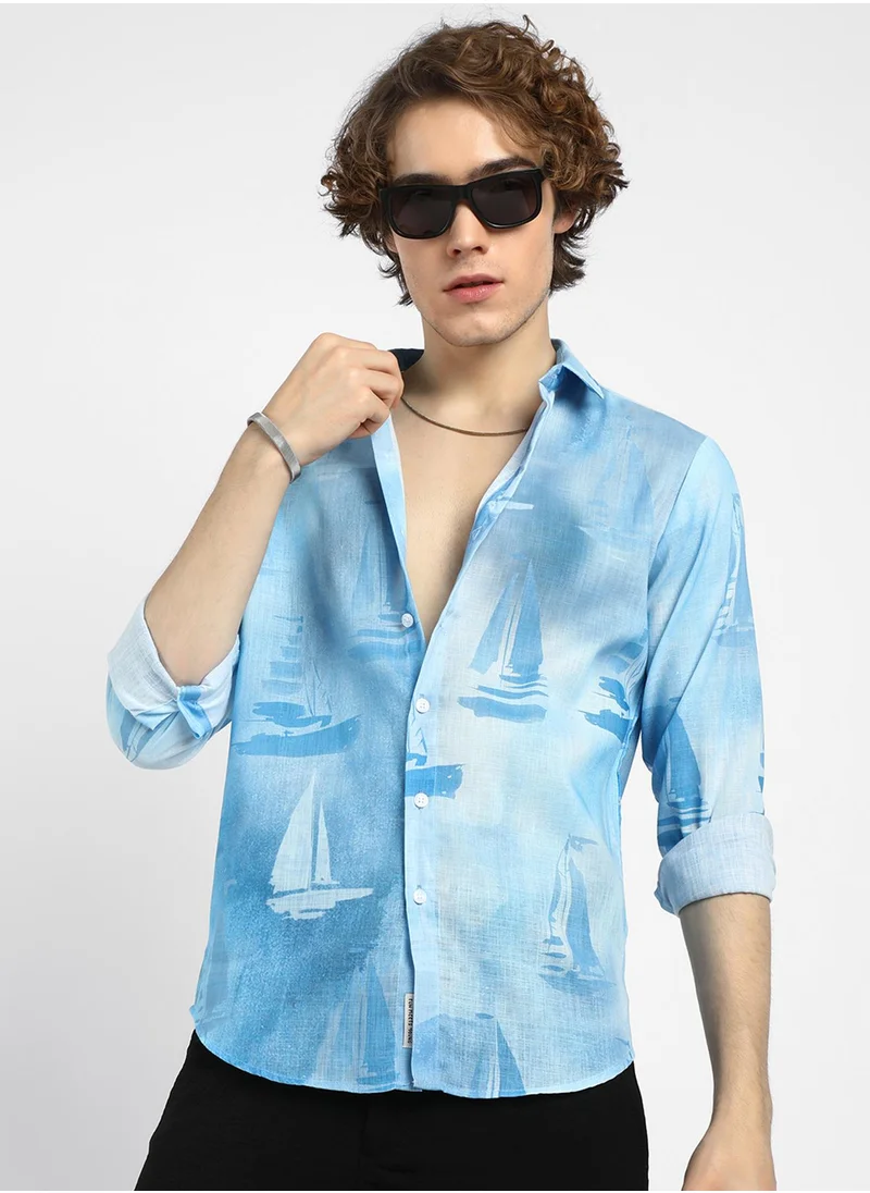 Campus Sutra Men's Sky Blue Water Boat Shirt