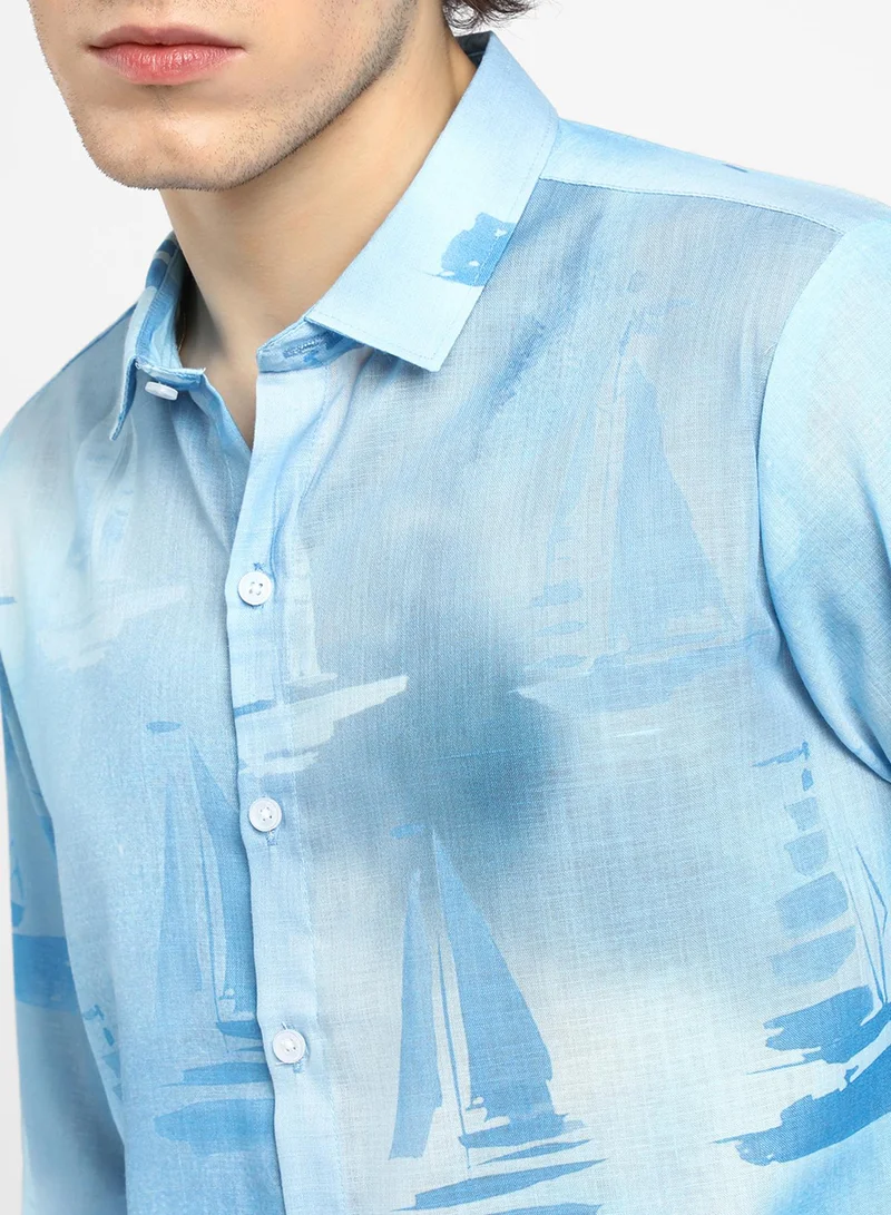 Campus Sutra Men's Sky Blue Water Boat Shirt