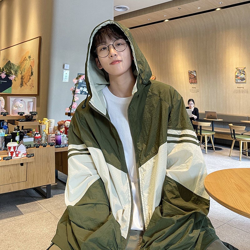 Hooded Sun-protective Clothing Mens Summer Trendy Brand Contrast Color Quick-drying Breathable Thin Sun-protective Clothing Loose Casual Jacket Coat Green