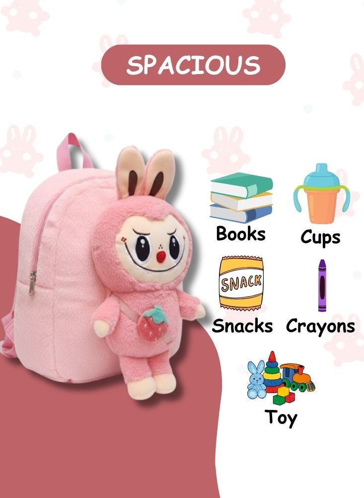 بريميم حقيبة ظهر لابوبو الوردية ثلاثية الأبعاد على شكل دمية قطيفة بتصميم لعبة أمامية - حقيبة مدرسية كرتونية محشوة ناعمة للفتيات الصغيرات، مناسبة لمرحلة ما قبل المدرسة والسفر - Image 4